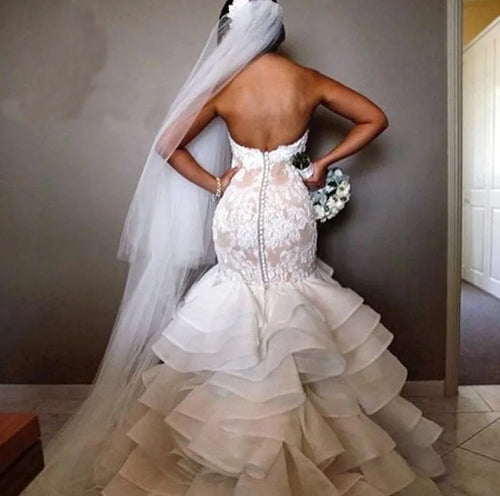 Brand  Vestido  Noiva Ruffle Buttons Fish Style Strapless Lace Wedding Dress Mermaid Wedding Gown Middle East Afraic Bridal Gown