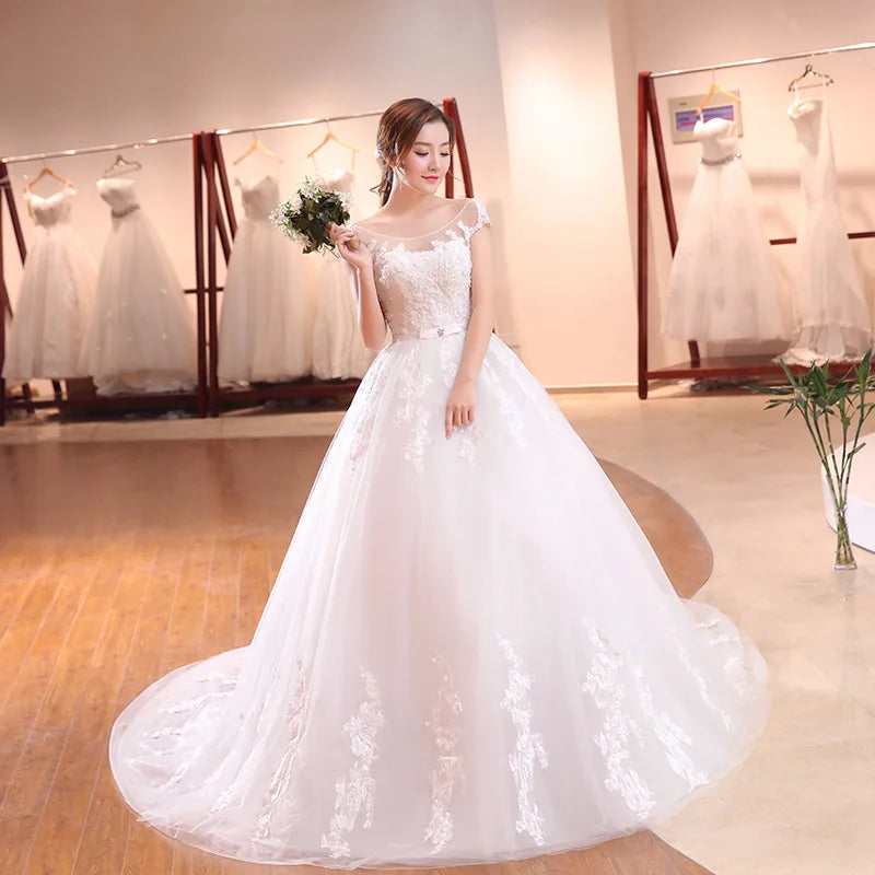Latest Pearl Flower Lace White Bridal Wedding Dress Long Train Bridal Wedding Gowns