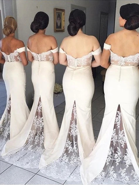 Hot Sale Plus Size Maid of Honor Off Shoulder V-neckline Cocktail Party  Lace Mermaid Bridesmaid Dresses MBA350