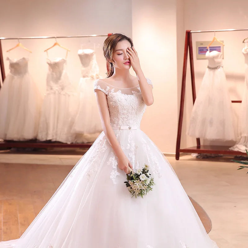 Latest Pearl Flower Lace White Bridal Wedding Dress Long Train Bridal Wedding Gowns
