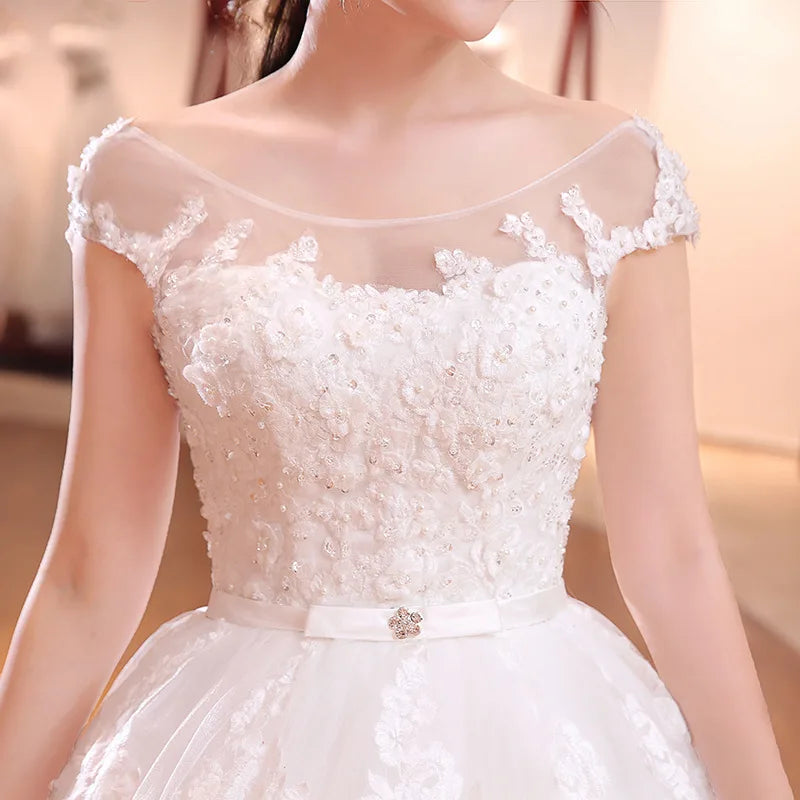 Latest Pearl Flower Lace White Bridal Wedding Dress Long Train Bridal Wedding Gowns