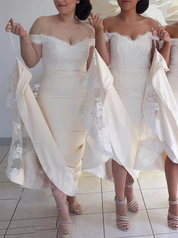 Hot Sale Plus Size Maid of Honor Off Shoulder V-neckline Cocktail Party  Lace Mermaid Bridesmaid Dresses MBA350