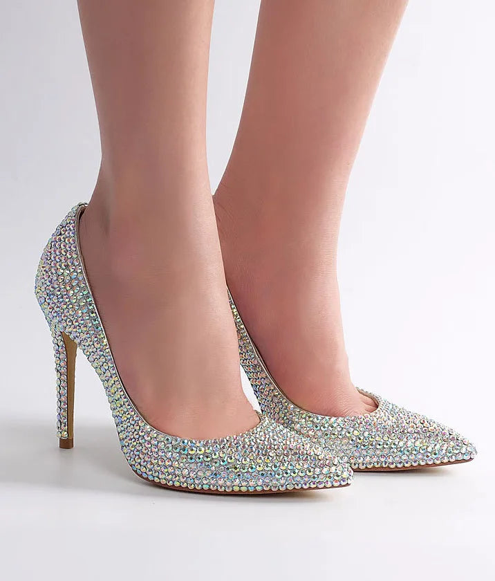 Luxury Full Rhinestone Wedding Pumps Glitter Crystal Stiletto Heels Pointed Toe 10 cm High Heels Ladies Evening Dress Shoes