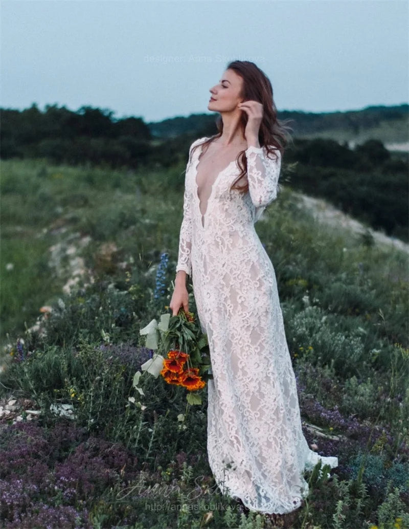 11187#Deep V-Neck Sexy Long Sleeve Bridal Dress Sweep Train Lace Bohemian Boho Beach Wedding Dress Wedding Gown Bridal Gown