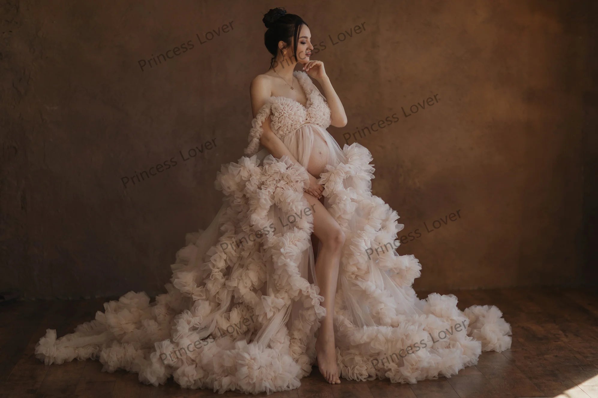 Maternity Dresses for Photography Luxury Ruffles Slit Plus Size Baby Shower Dress Flowy Empire Waist Robes Tulle Wrap Customized