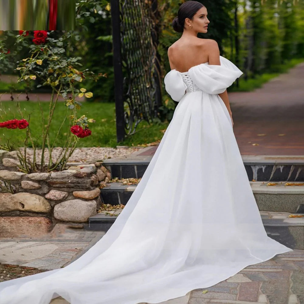 13097#Princess Boho Strapless Organza Off-Shoulder Backless Short Sleeves Simple Elegant Wedding Dress Sweep Train Bridal Gown