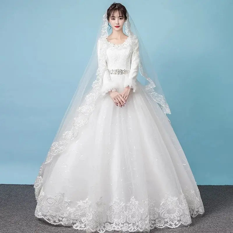 Spring Autumn Korean Lace Long Sleeve Bride Plus Size Floor Length Wedding Dresses Princess Bridal Gown