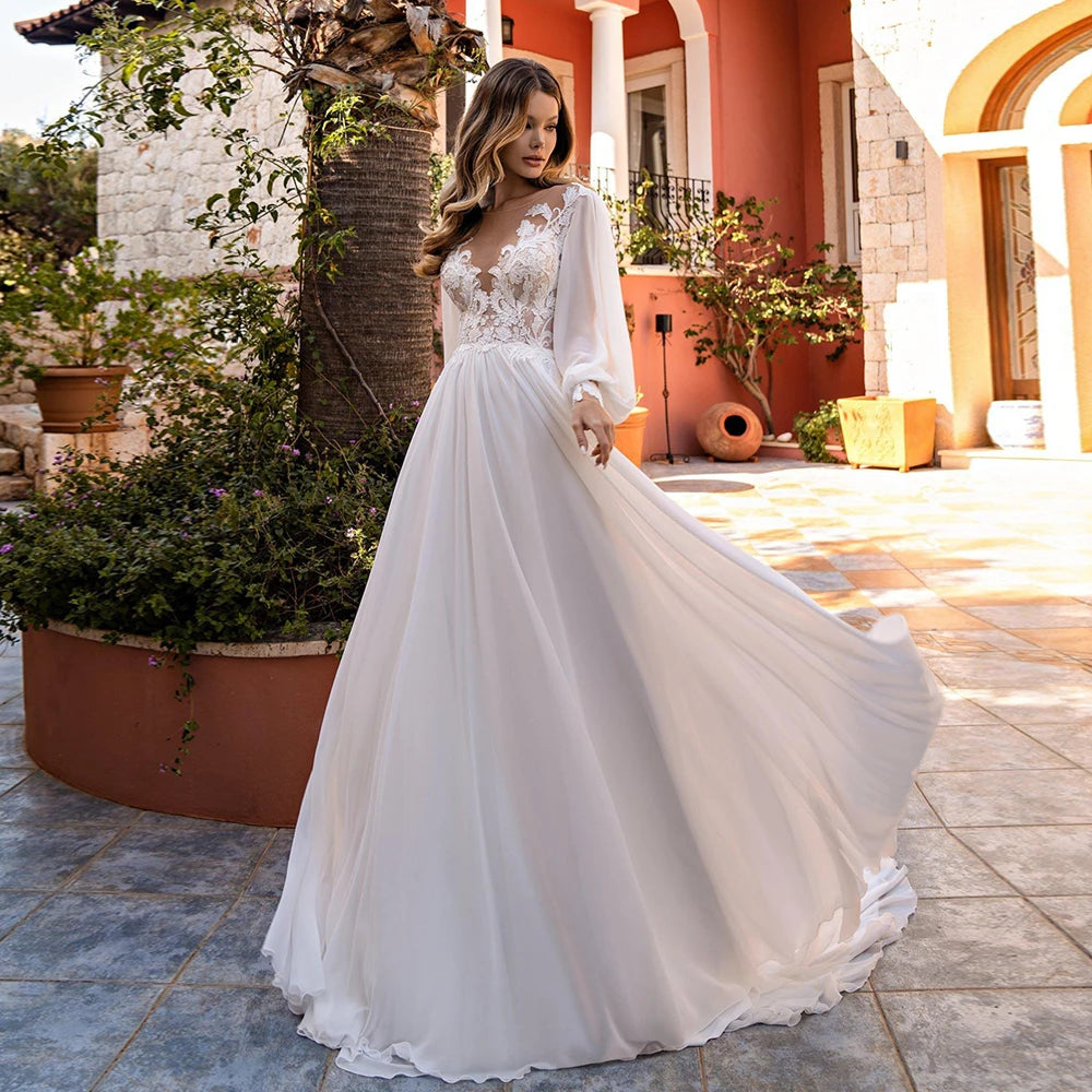 13162#A-Line Simple Wedding Dresses Scoop Illusion Back Puffy Sleeves Lace Applique Boho Civil Chiffon Wedding Bridal Gown