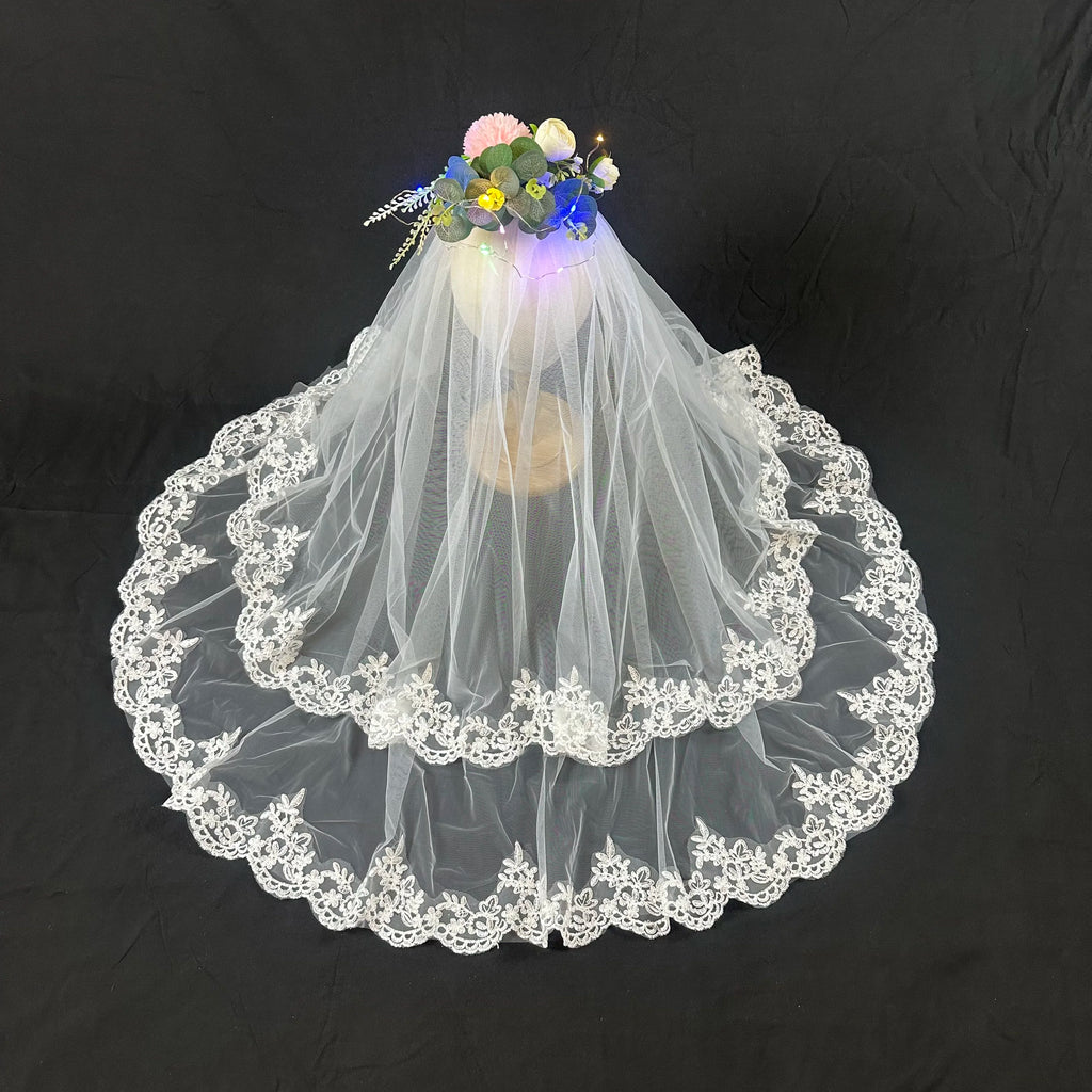 Feishiluo New Design 2-Layer Short Bridal Veils with Comb Ivory Lace Edge Beaded 100% Polyester 85+65cm for Wedding Dress