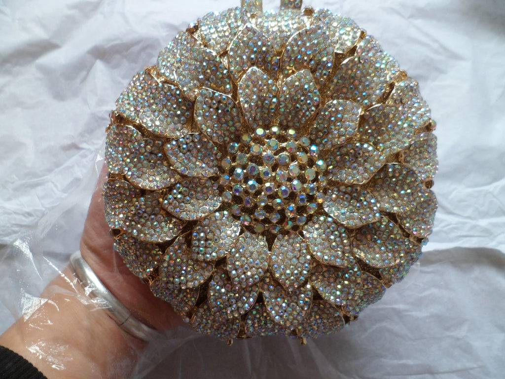 Gold/Yellow Sunflower Clutch Crystal Round Evening Bags Women Wedding Purse Bridal Bags Party Dazzling Diamond Handbags Minaudie