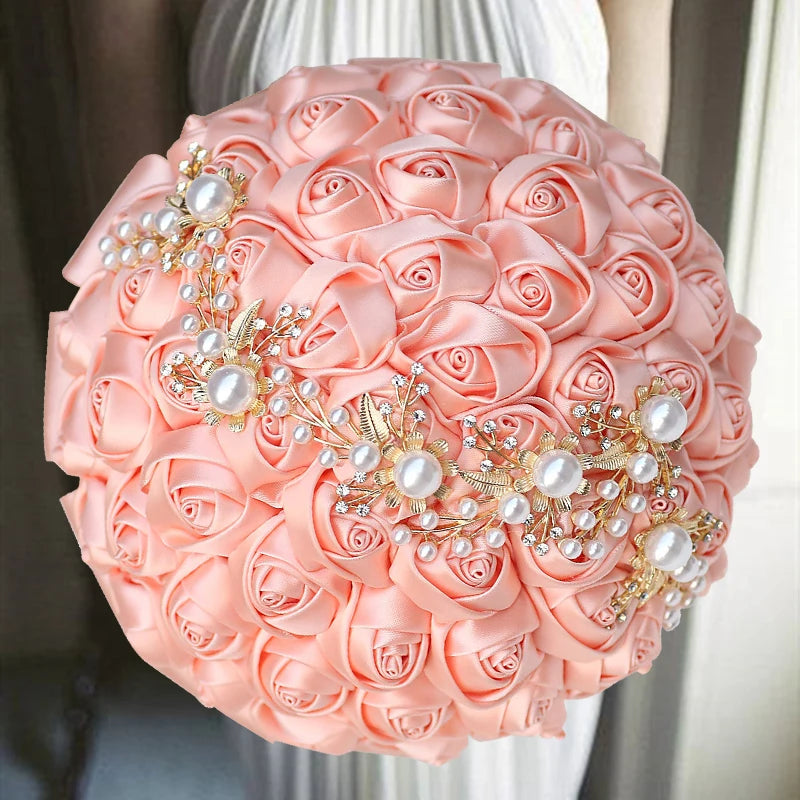 1pc/lot Navy Wedding Bouquet Gold Diamond Silver Diamond Pearl Decoration Bridal Wedding Bouquet Artificial Ribbon Rose
