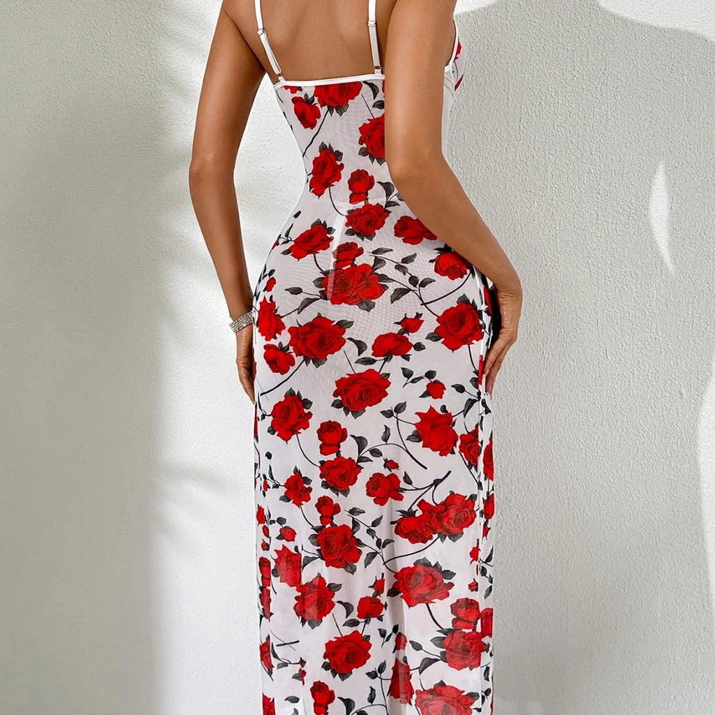 Two Pieces Sexy Lingerie Sets Bra Nightdress Sexy Lace Sleepwear Rose Print Slim Soft Dresses V Neck Full Slip Sleepwear Suit