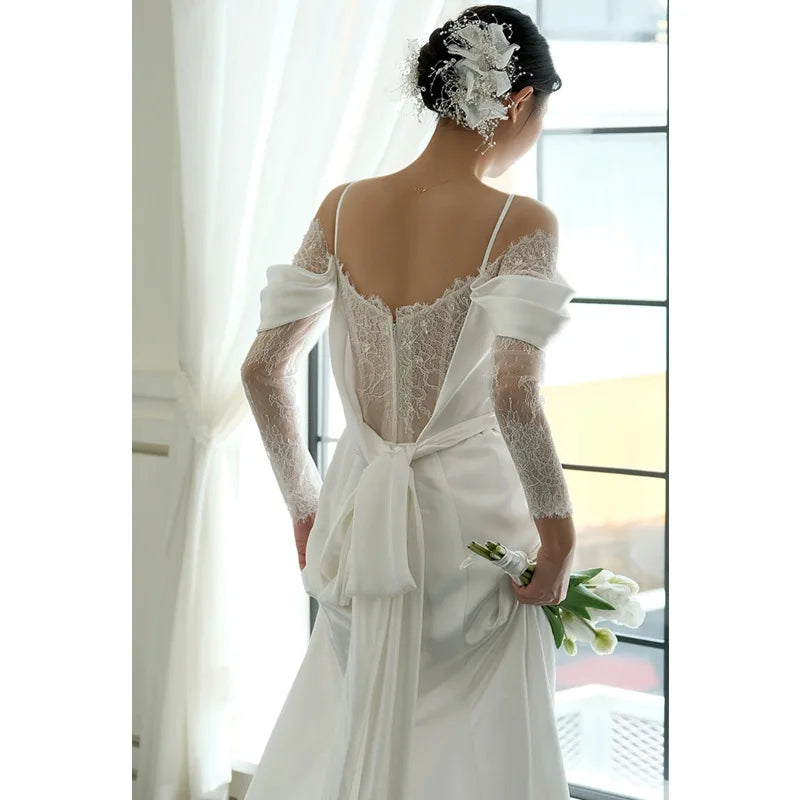 S0176G   2026 New Satin -shaped Shoulder Strap Simple Korean Welcome Bride Dragging Lace Party Dresses Women Evening Elegance