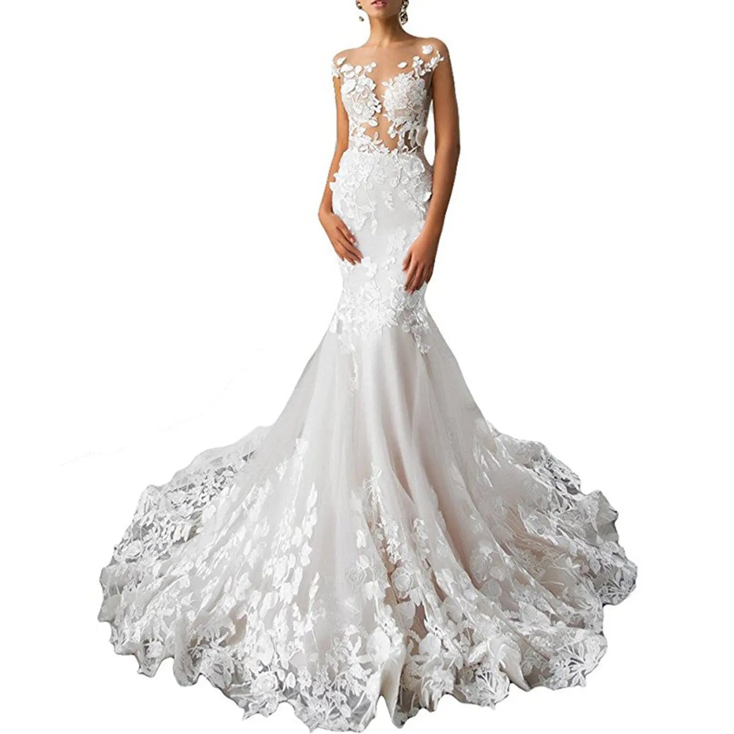 S0364T Elegant Vintage Royal Bridal Gown Mermaid Slim Long Sleeve Skin Tone Lace Round Neck Tie for Bridesmaids
