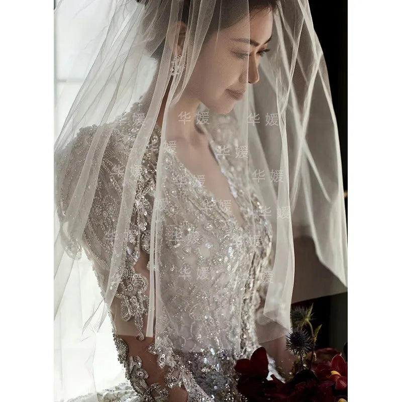 S0417T High-End Bohemian Wedding Dress One-Shoulder Beaded Diamond Tulle Elegant Dreamy Simple Spring Bridal Gown High Collar