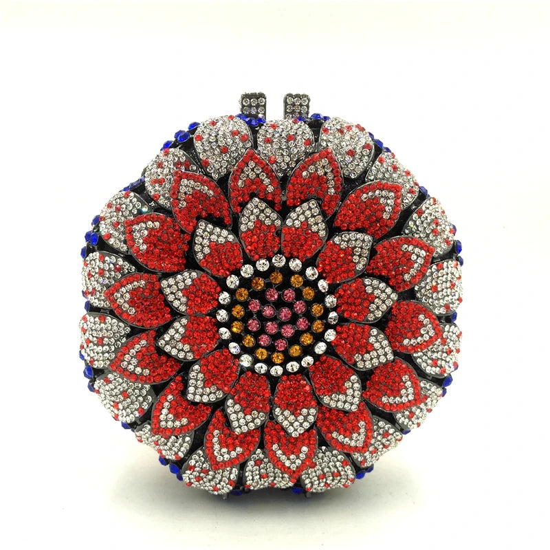 Gold/Yellow Sunflower Clutch Crystal Round Evening Bags Women Wedding Purse Bridal Bags Party Dazzling Diamond Handbags Minaudie