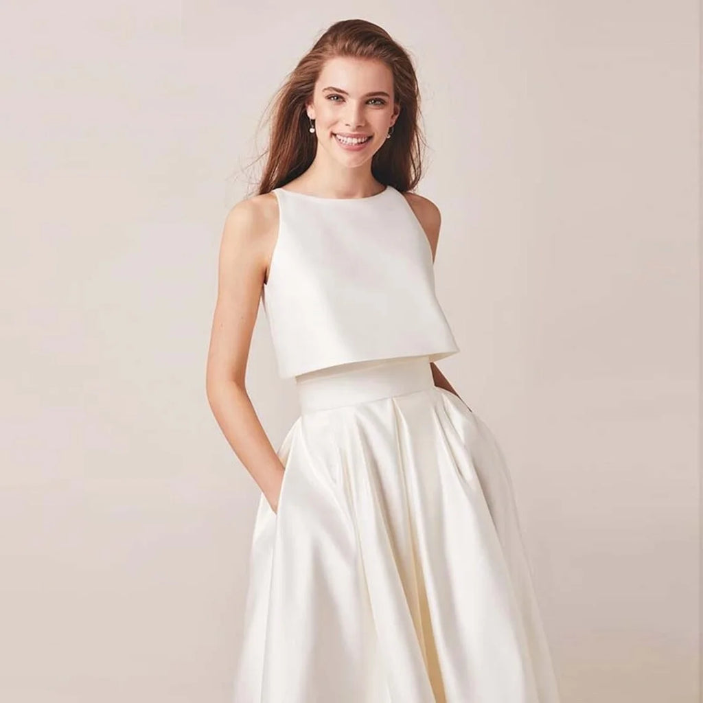 15506# Real Photos 2 in 1 High Low Boat Neck Sweep Train Satin A-line Wedding Dress Bridal Gown for Women With Pockets
