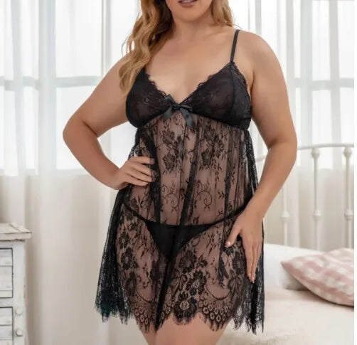 Sexy Plus-Size Curvy Women's Lingerie Lace Sheer Embroidery Half Breathable Light Control Seductive Loungewear Nightgowns A-line