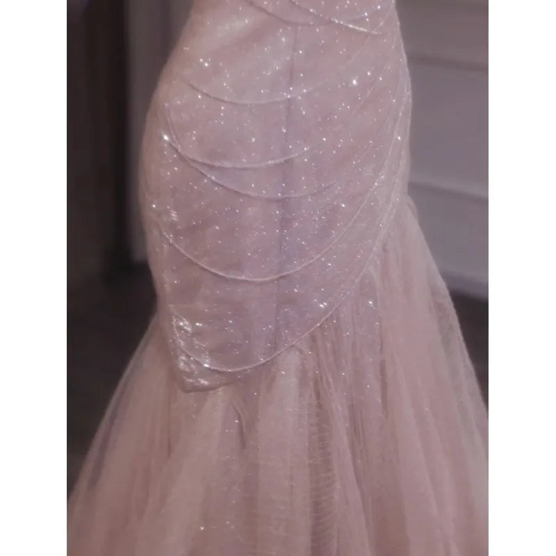 French-Style Luxury Pink Evening Wedding Dress for Women Fishtail Trailing Light Short Sling Fairy Host Sequined Lace-Up Back