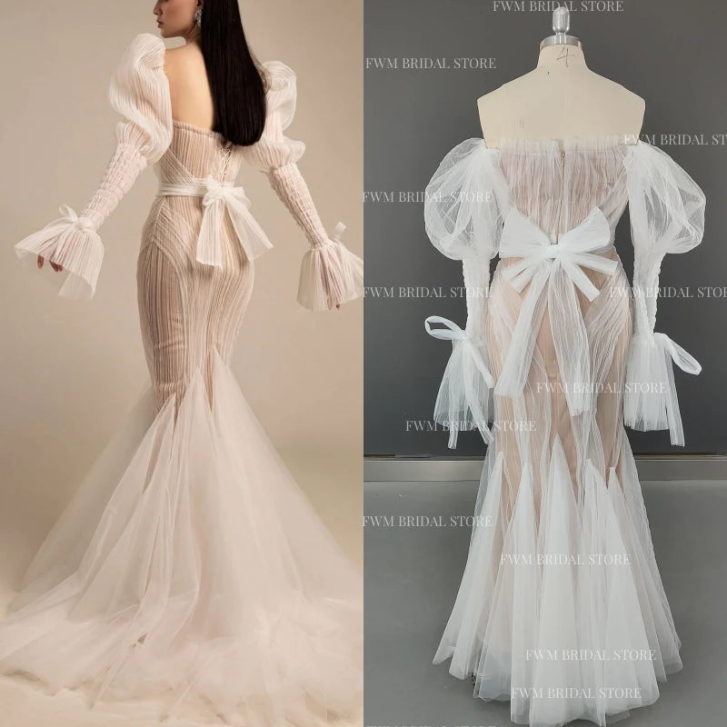 8692# Real Photos Exquisite Lace Mermaid Wedding Dress Bridal Gown for Women Puffy Sleeves Tulle Sweep Train Even Dresses