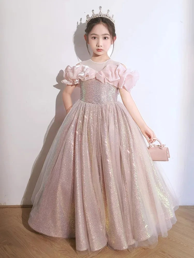 Girl Wedding Dress Solid Color Long Children Party Flower Girls Dress a Line Baby Girl We