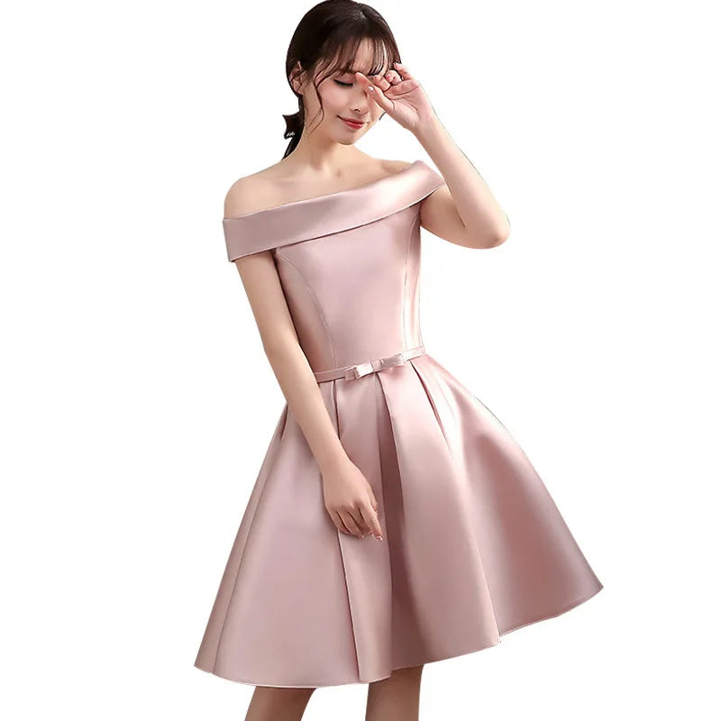 Pink Off Shoulder Bridesmaid Dress Simple Satin Sweet Bow Wedding Wedding Female Guest Dresses Fashion A-line Short Party Gown