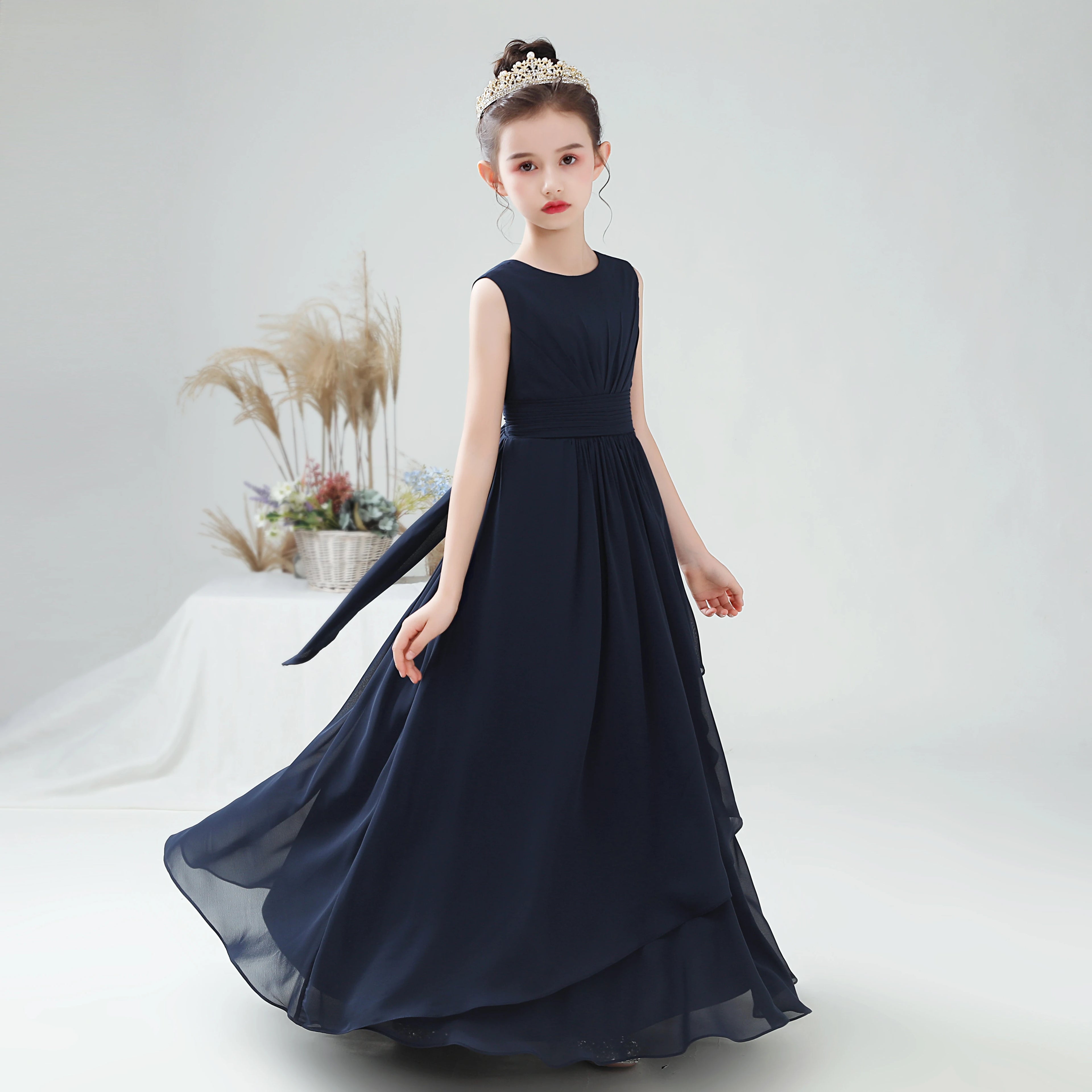 Chiffon Bow-Sash A-Line Flower Girl Dress