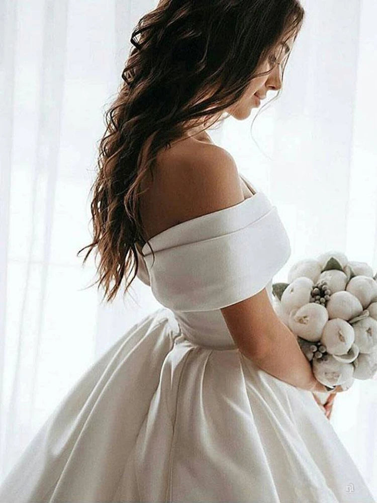 LORIE Princess Wedding Dresses Satin Vintage Off The Shoulder Wedding Bride Dresses Long Train White Wedding Ball Gown Customize