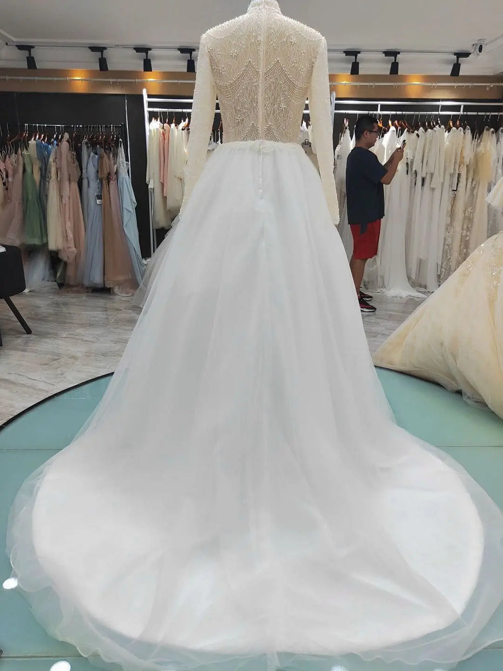 9118# High Neck Casual Beach A-Line Lace Beading Puffy  Wedding Dresses Long Sleeve  Lace Boho Wedding Dress Bridal Gown