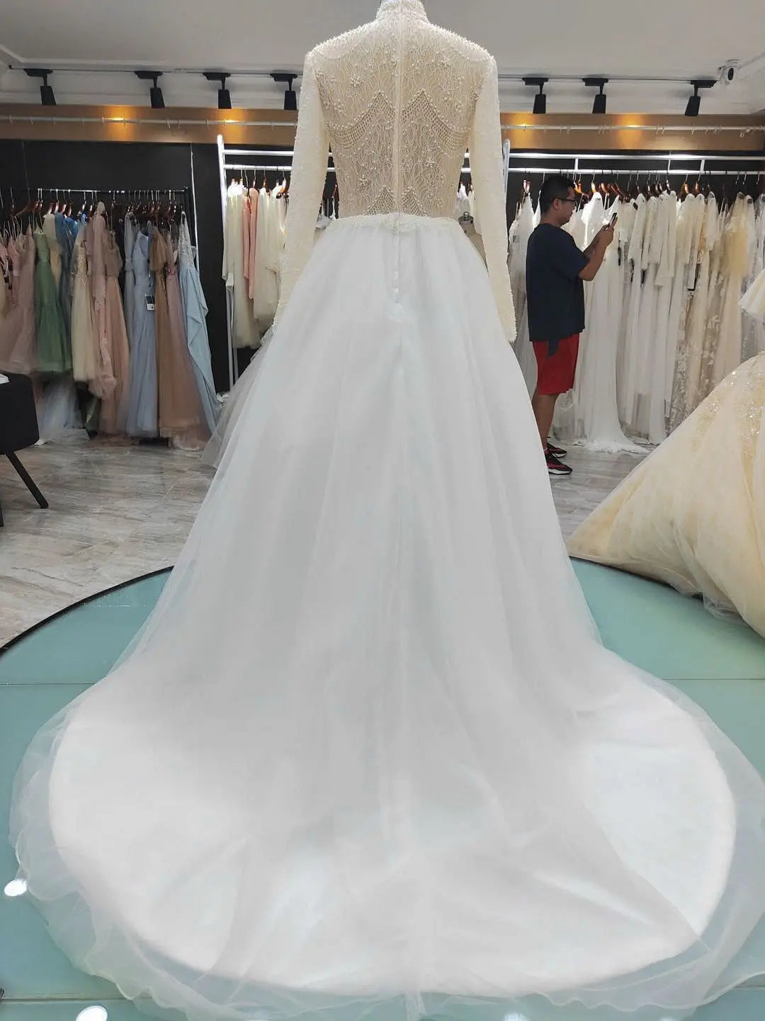9118# High Neck Casual Beach A-Line Lace Beading Puffy  Wedding Dresses Long Sleeve  Lace Boho Wedding Dress Bridal Gown