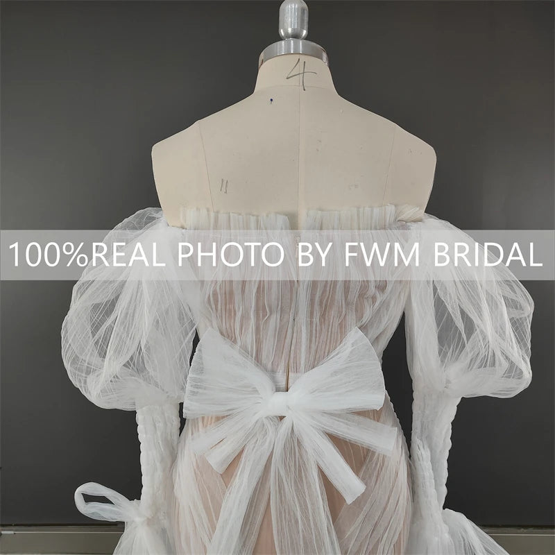 8692# Real Photos Exquisite Lace Mermaid Wedding Dress Bridal Gown for Women Puffy Sleeves Tulle Sweep Train Even Dresses