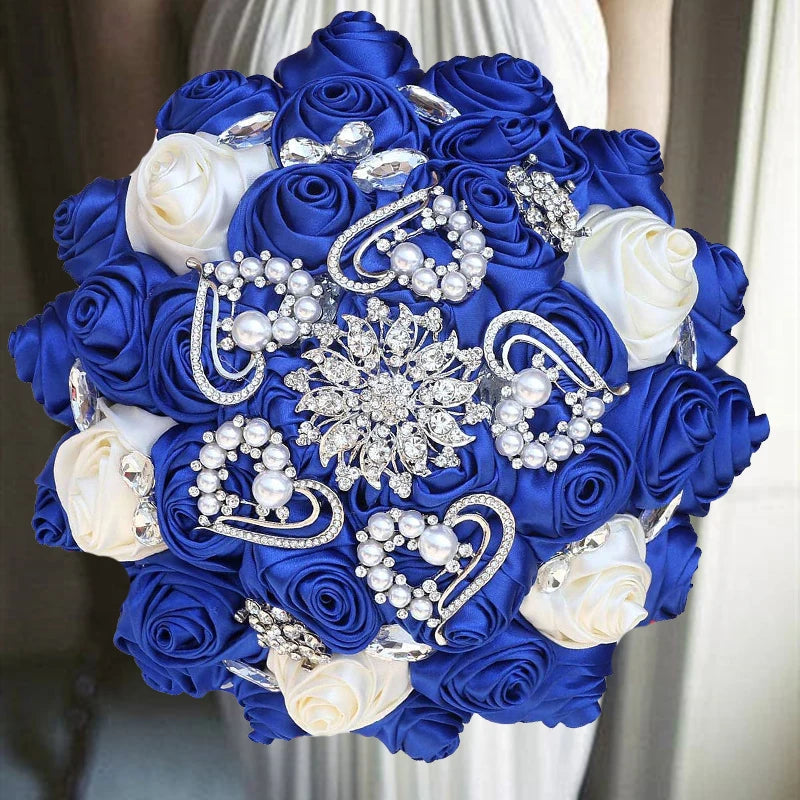 1pc/lot  Red Wedding Bouquet Gold Diamond Silver Diamond Pearl Decoration Bridal Wedding Bouquet Artificial Ribbon Rose Weddin