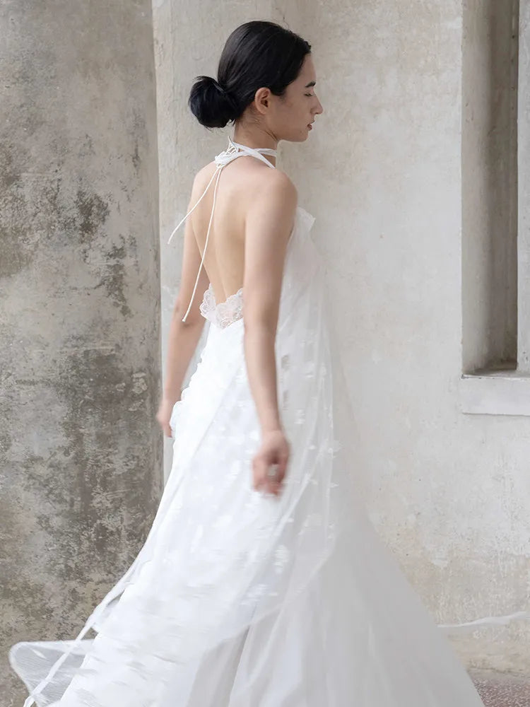 White Lace Halter Lace-Up Spaghetti Strap Floor-Length Bridal Robe Dress  Illusion Beach Vacation Banquet Gown