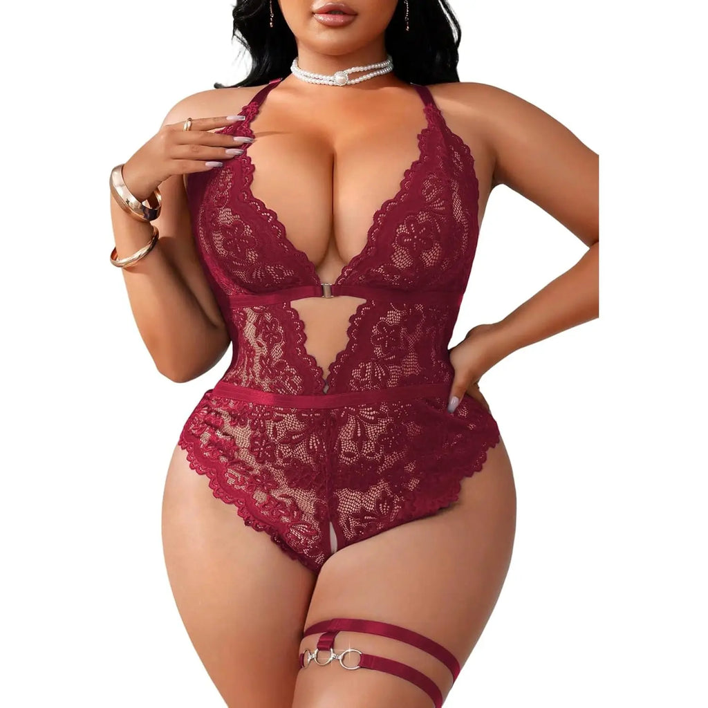 Custom Women's Plus Size Lace Teddy Bodysuit Triangle Cup Deep V Neck High-Rise One-Piece Lingerie Set Leg Ring Hand Wash Only