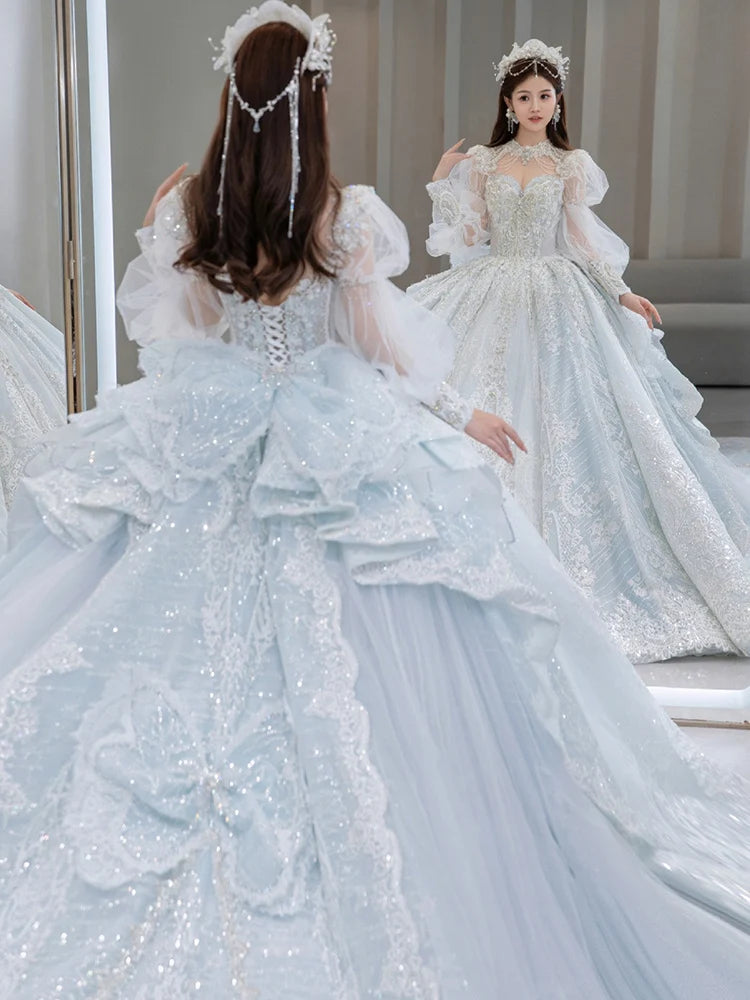 S0418T High-End Bohemian Wedding Dress One-Shoulder Beaded Diamond Tulle Elegant Dreamy Simple Spring Bridal Gown High Collar