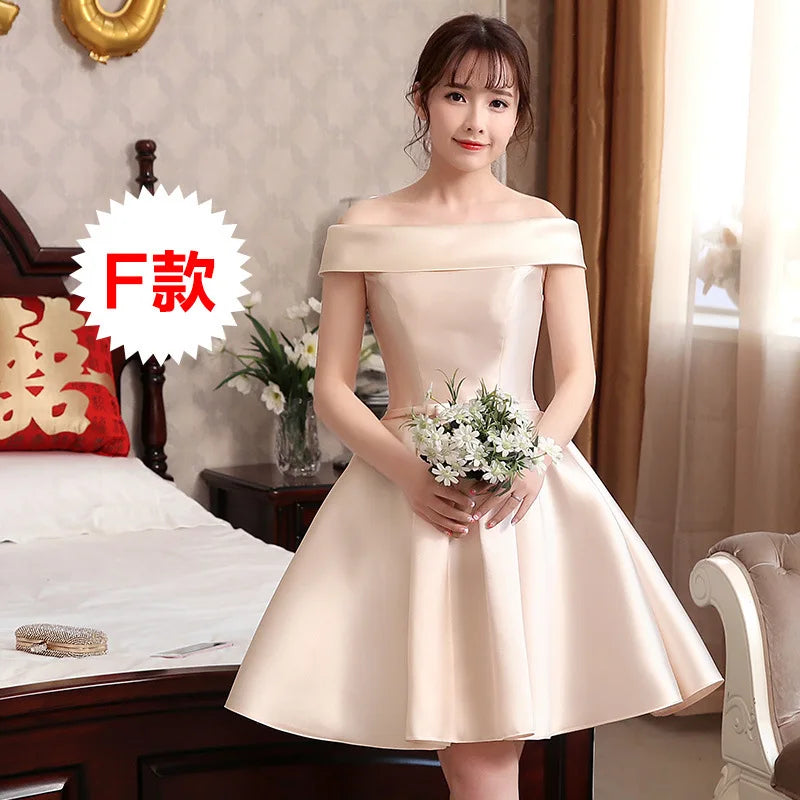 Pink Off Shoulder Bridesmaid Dress Simple Satin Sweet Bow Wedding Wedding Female Guest Dresses Fashion A-line Short Party Gown