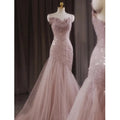 French-Style Luxury Pink Evening Wedding Dress for Women Fishtail Trailing Light Short Sling Fairy Host Sequined Lace-Up Back