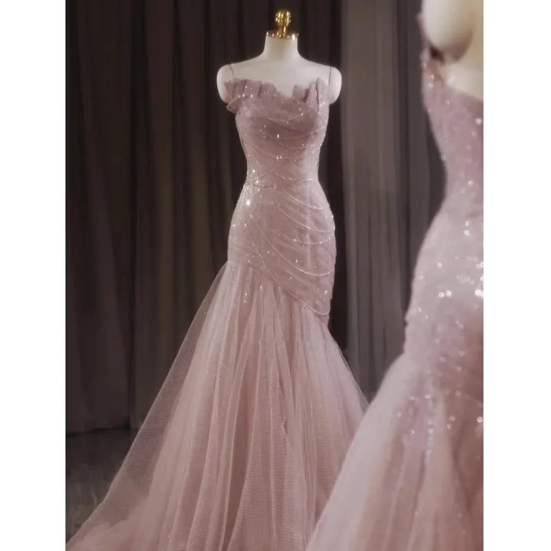 French-Style Luxury Pink Evening Wedding Dress for Women Fishtail Trailing Light Short Sling Fairy Host Sequined Lace-Up Back