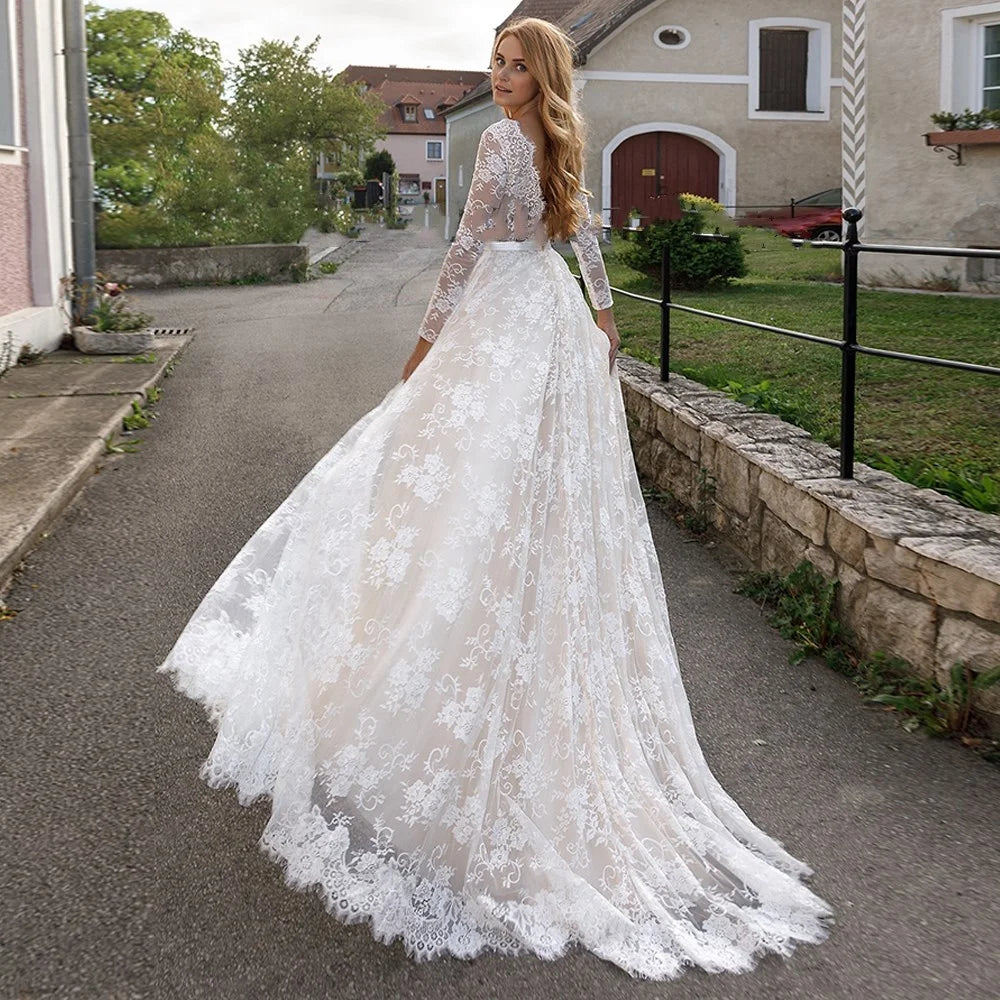 11679#Sexy Deep V-Neck Long Sleeve Lace Sweep Train Open Back Bohemian A-Line Beach Wedding Dress Wedding Gown Bridal Gown