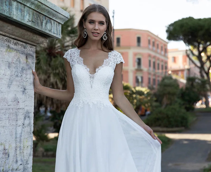 FA194 Wedding Dress V-Neck Capped Sleeve a Line Boho Simple Bridal Gowns Vestido De Noiva Elegant Plus Size Bride Dresses