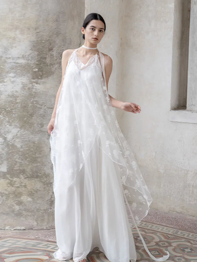 White Lace Halter Lace-Up Spaghetti Strap Floor-Length Bridal Robe Dress  Illusion Beach Vacation Banquet Gown