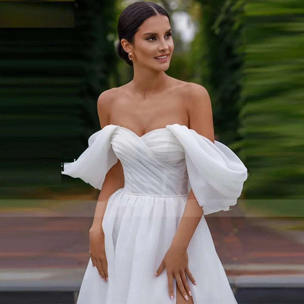 13097#Princess Boho Strapless Organza Off-Shoulder Backless Short Sleeves Simple Elegant Wedding Dress Sweep Train Bridal Gown