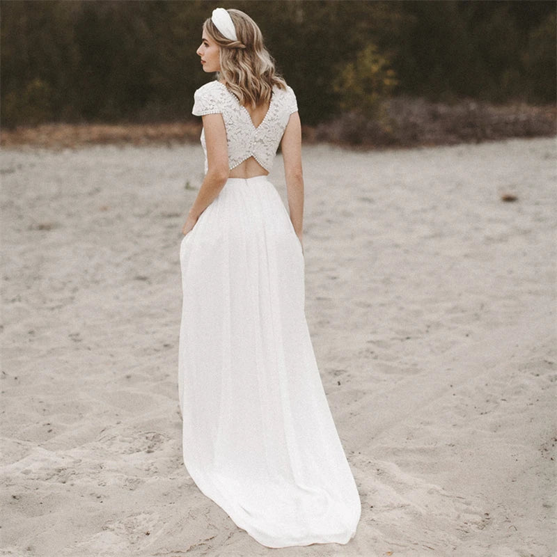 12178# Real Photos Two Piece Appliques Lace Soft Chiffon Wedding Dress for Engagement Backless Sweep Train Bridal Gown