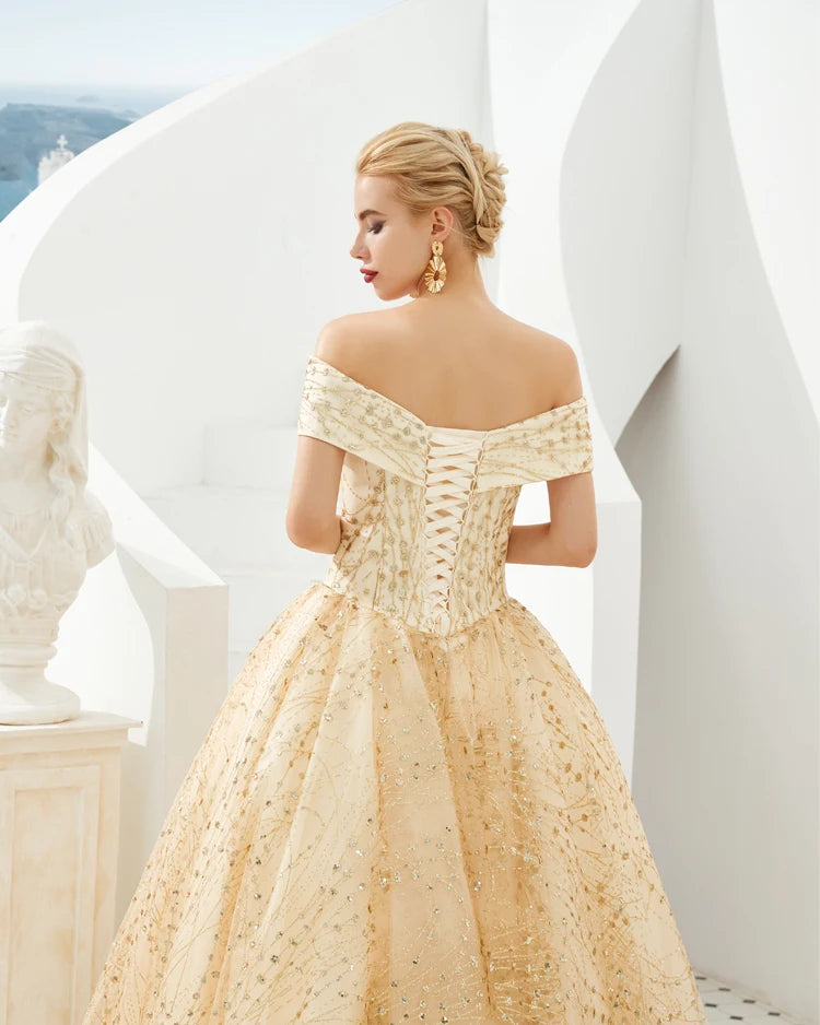 New Fashion Off the Shoulder Gold Sequin Bridal Gown Custom Made Ball Gown Evening Dresses Long
