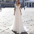 11094#Sheer Back Sweetheart Short Sleeve Lace Applique a Line Sweep Train Bohemian Chiffon Bridal Gowns Ladies Wedding Dress
