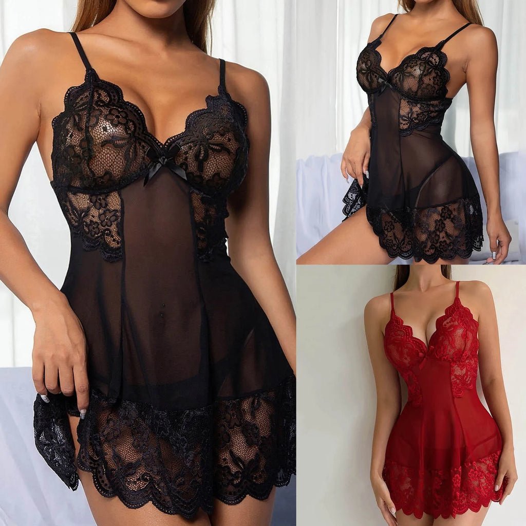 Sexy Babydoll Lace Lingerie Set Women Sleepwear Nightgown Mesh Exotic Intimate Apparel Transparent Nighty Dress