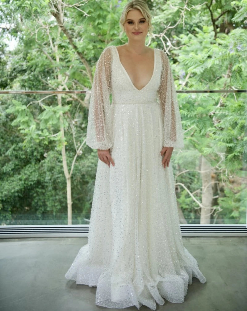 15290# Exquisite Puffy Sleeves Backless V-neck Pearls Wedding Clothes Bridal Gown for Plus Size Women Prom Party Evening Dresses