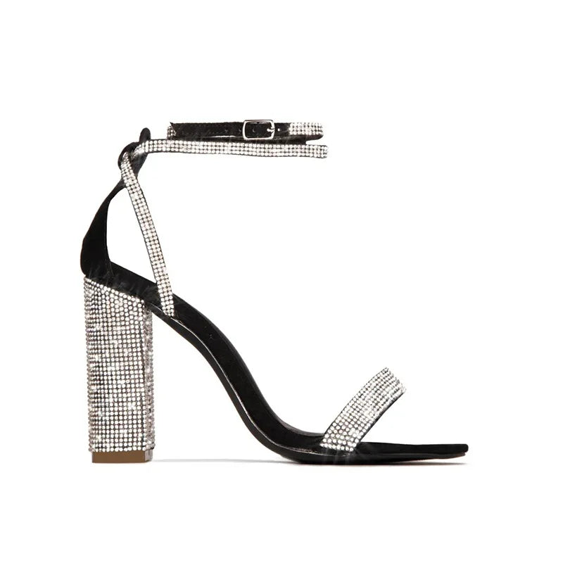 11.5cm Black 2026 New Rhinestone Thin Heels Buckle Sexy Bridal Shoes Fashion Thin Block Heels for Ladies