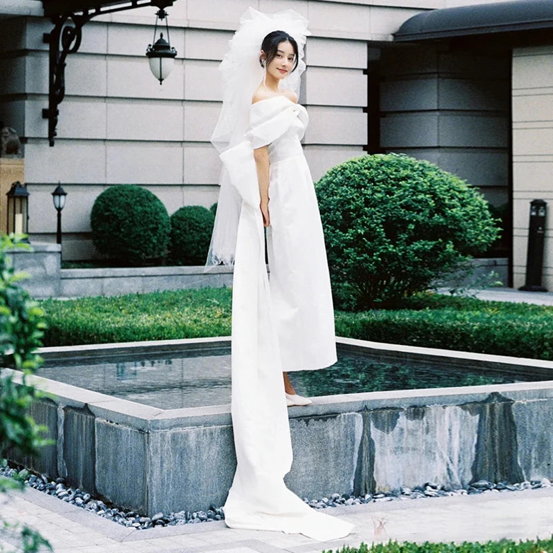 2238# Real Photos Off Shoulder Detachable Big Bow Sheath Wedding Dress for Party Low Back Soft Satin Bridal Gown Custom Made