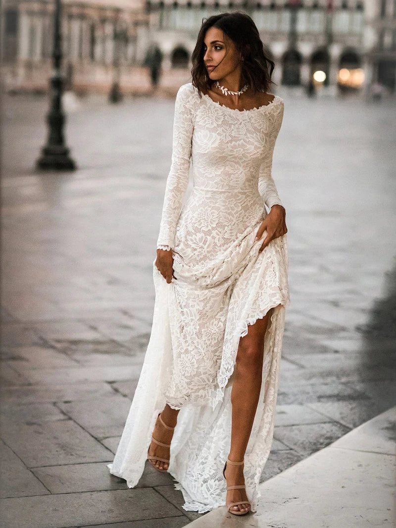 10561#Bohemian Beach Boat Neck Beach A-Line Lace Ruched Sexy Backless Sweep Train Long Sleeves Long Wedding Dress Bridal Gown